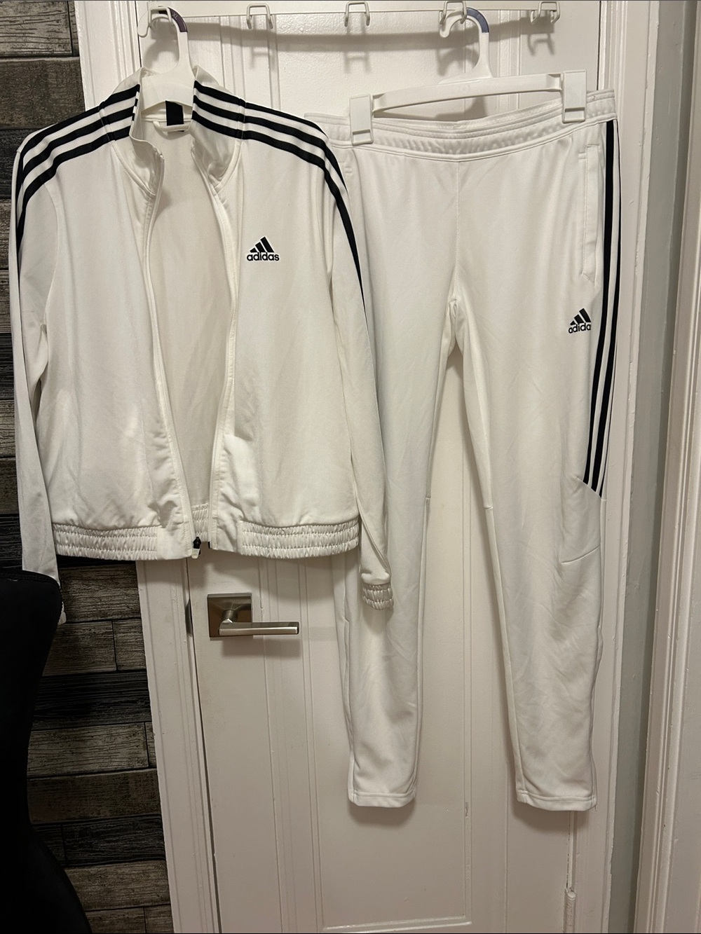 Unisex adidas White Track Jacket & Joggers with Black Stripes